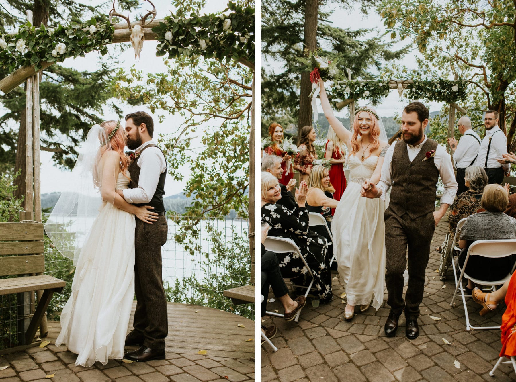 bride and groom first kiss walk down aisle