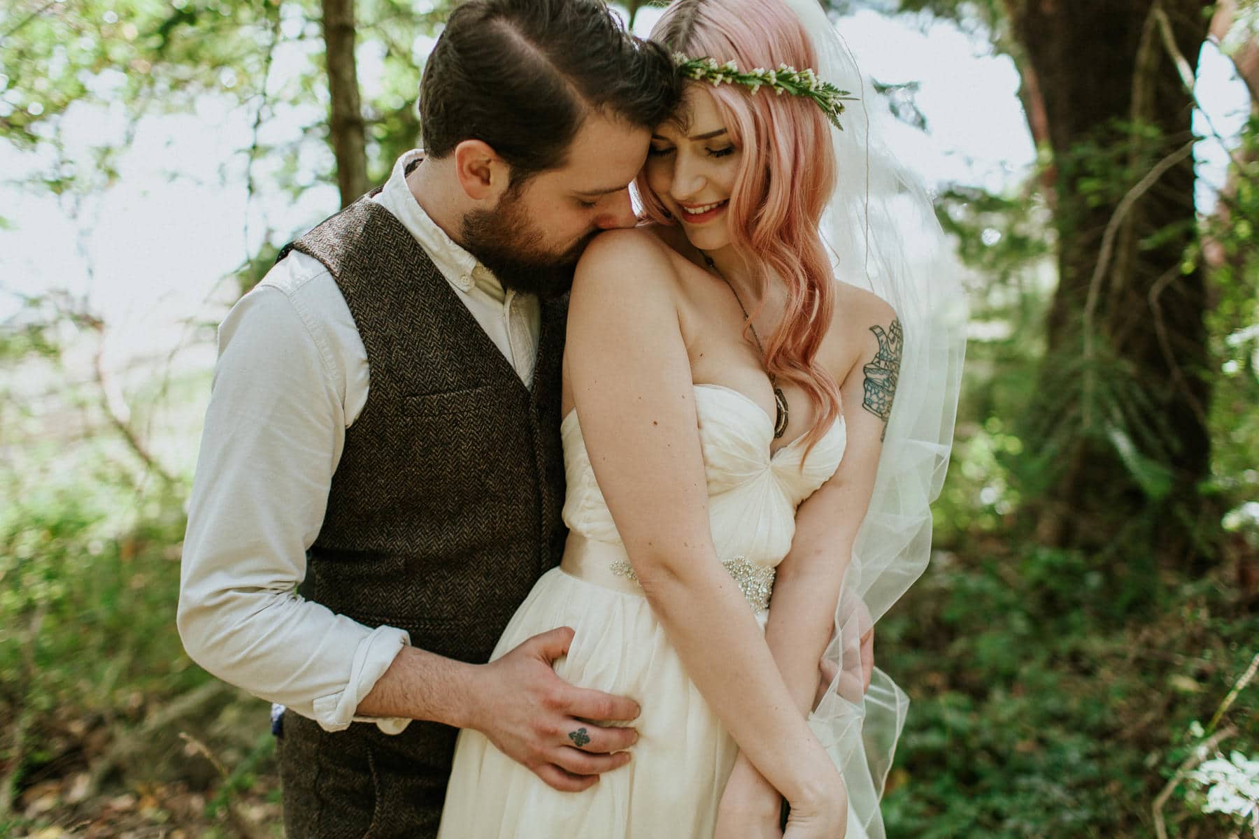 pink hair bride orcas island wedding odd fellows hall