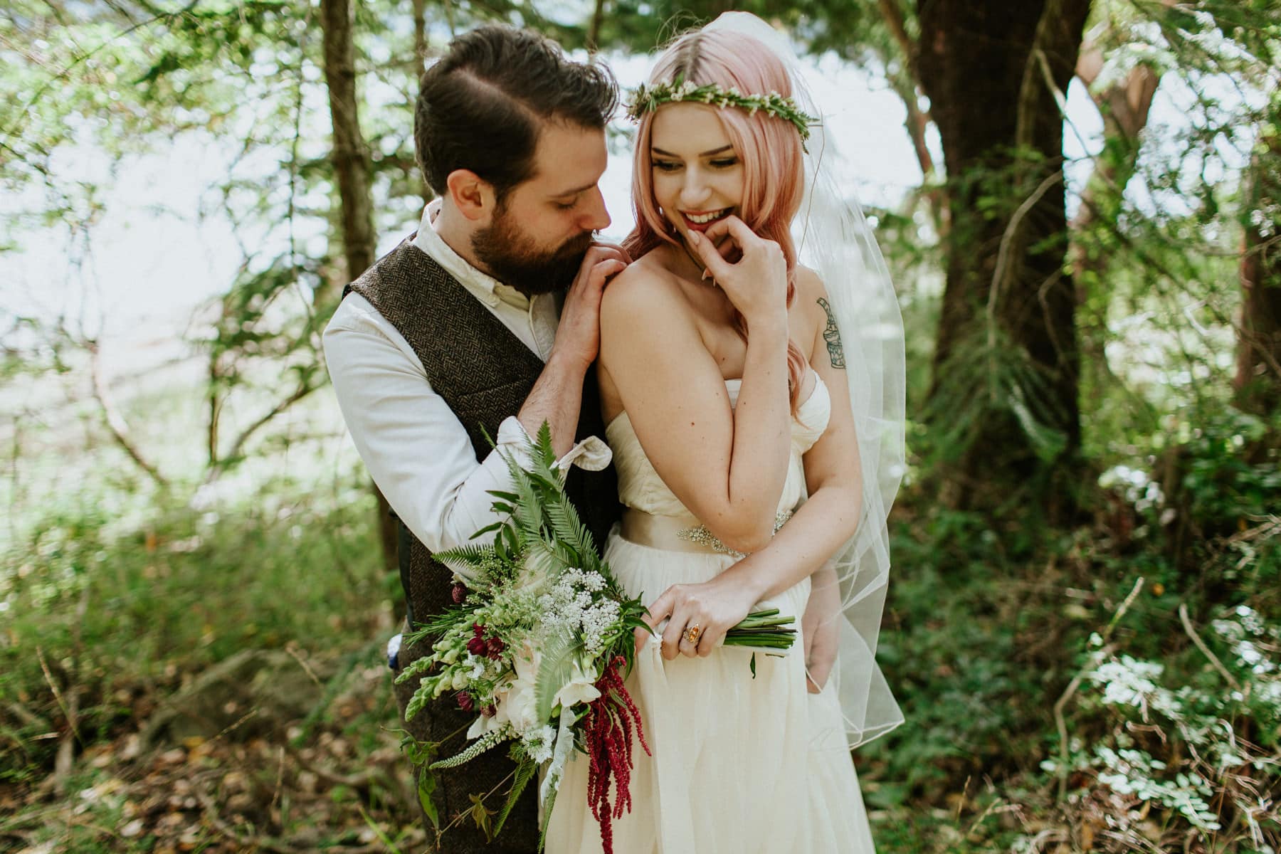 pink hair bride orcas island wedding odd fellows hall