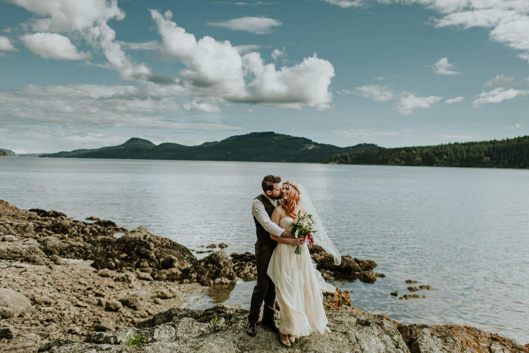 pink hair bride ocean orcas island wedding