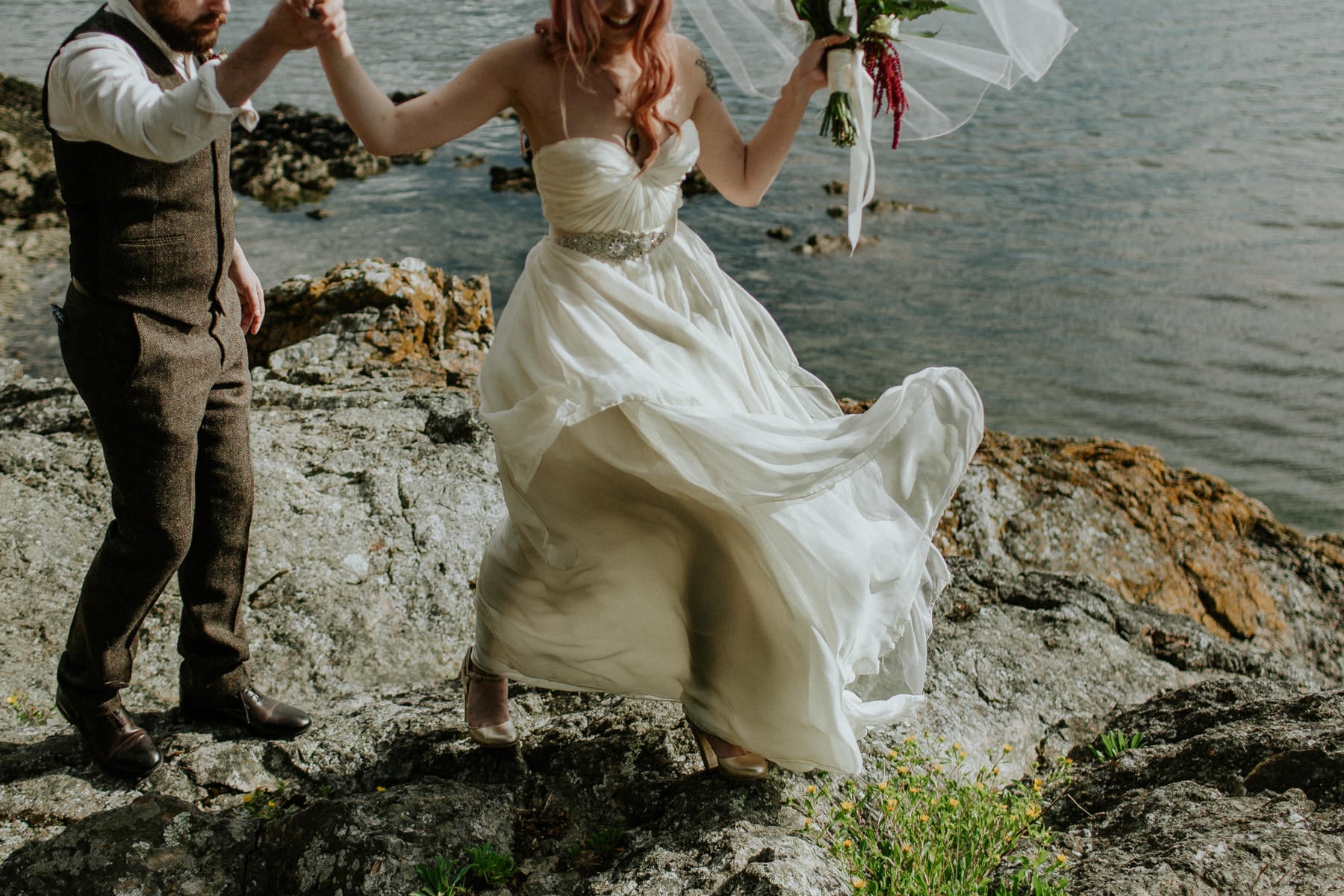 bohemian sarah seven wedding dress blowing in wind