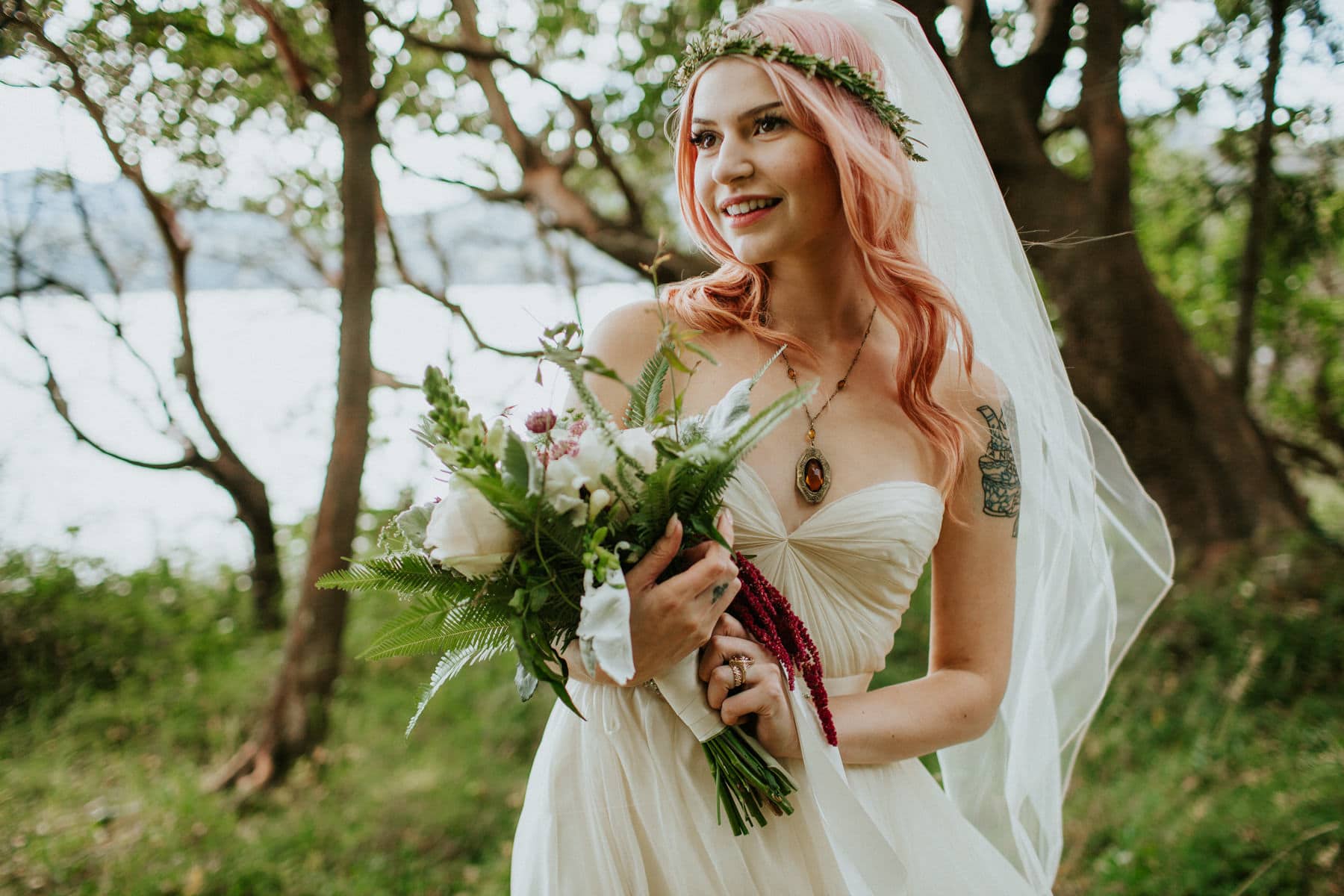 pink hair bride orcas island wedding odd fellows hall