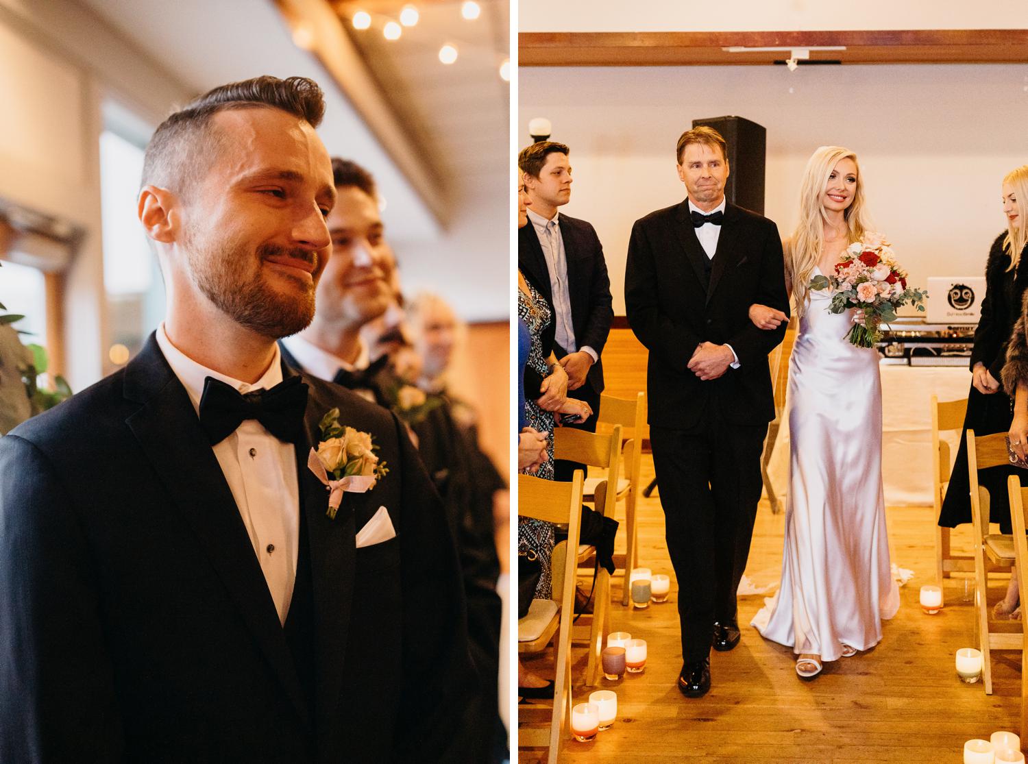 indoor wedding ceremony at ballard bay club