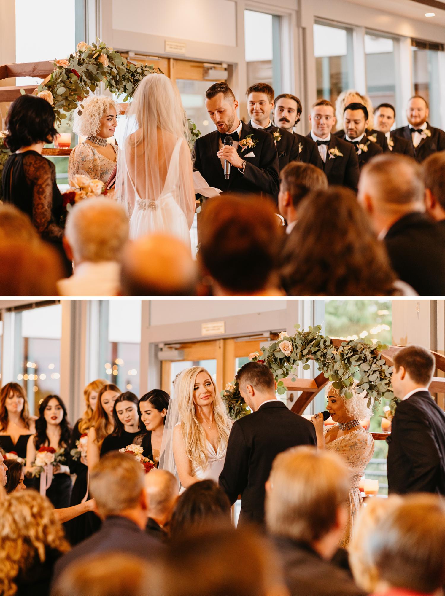 indoor wedding ceremony at ballard bay club