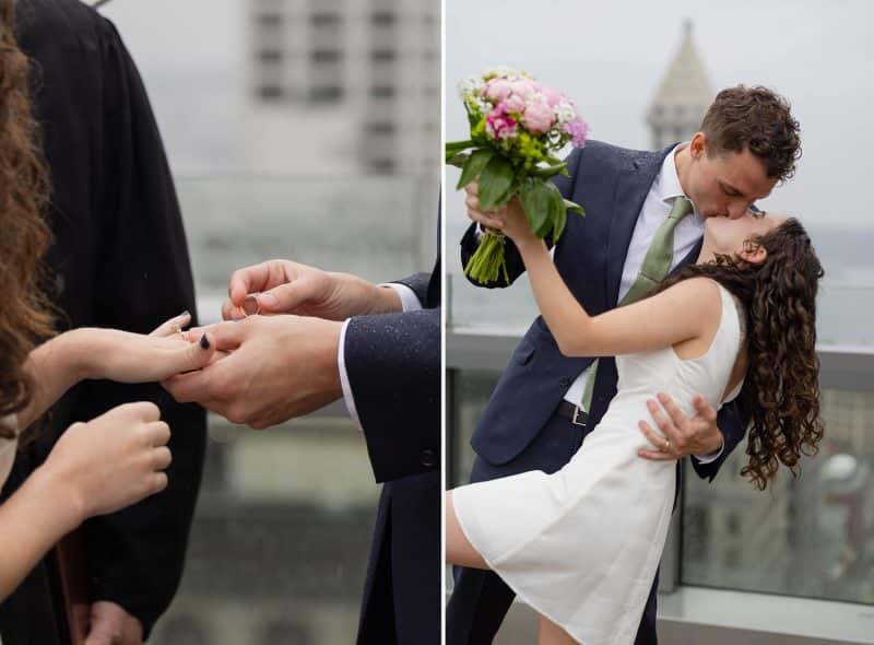 seattle courthouse wedding on the rooftop in the rain