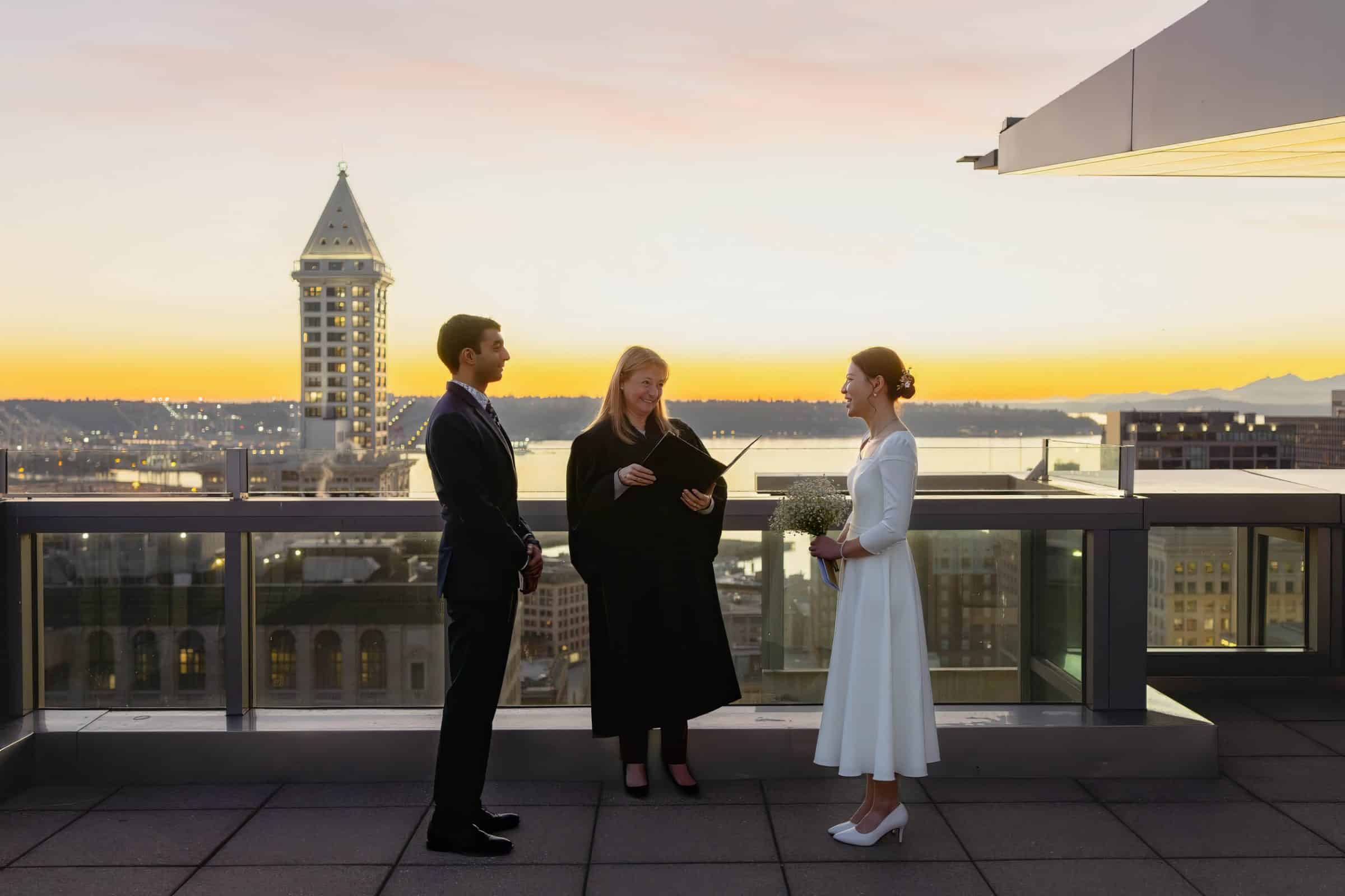 seattle municipal courthouse wedding photos at sunset in january