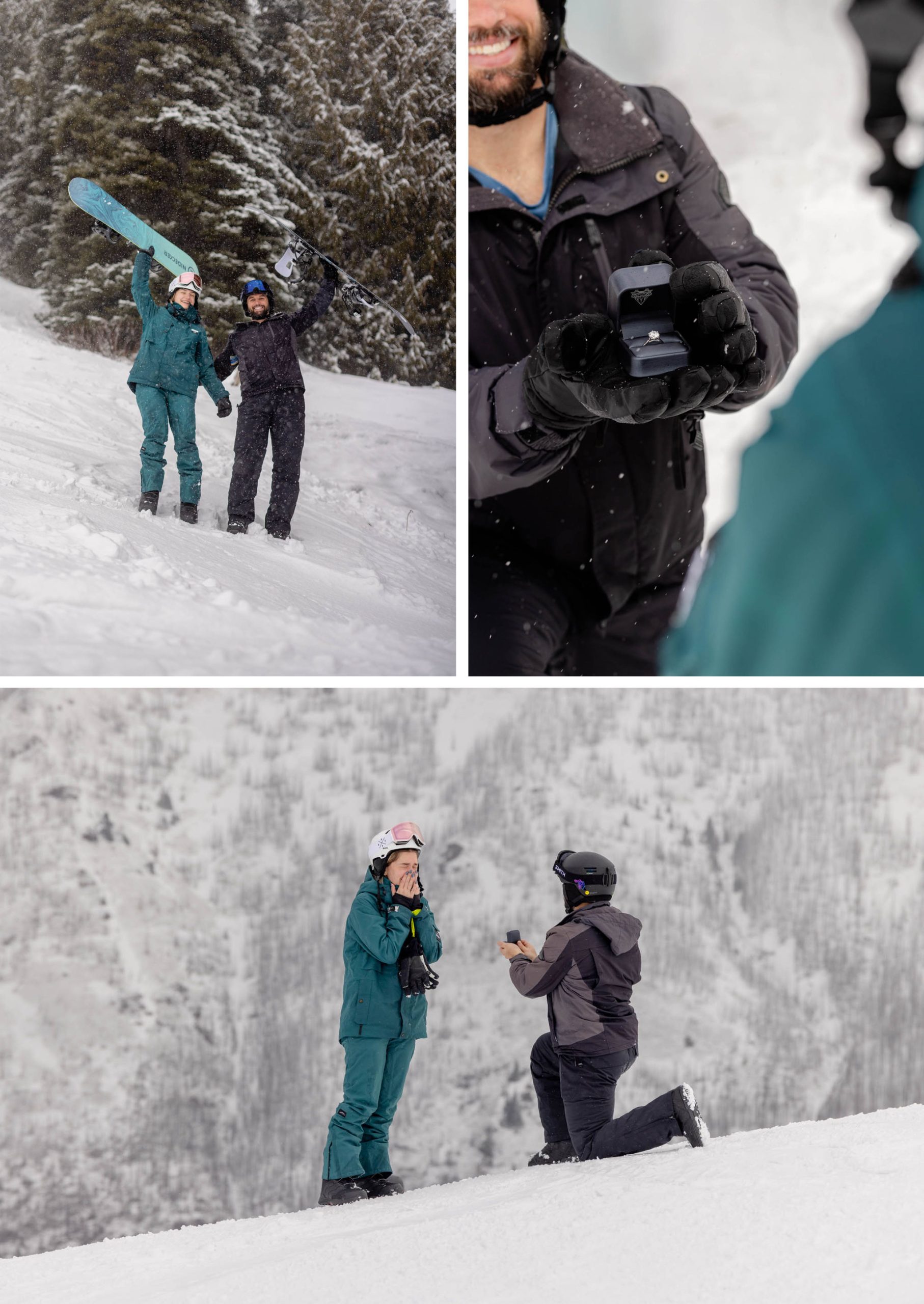 crystal mountain proposal on snowboards and skis