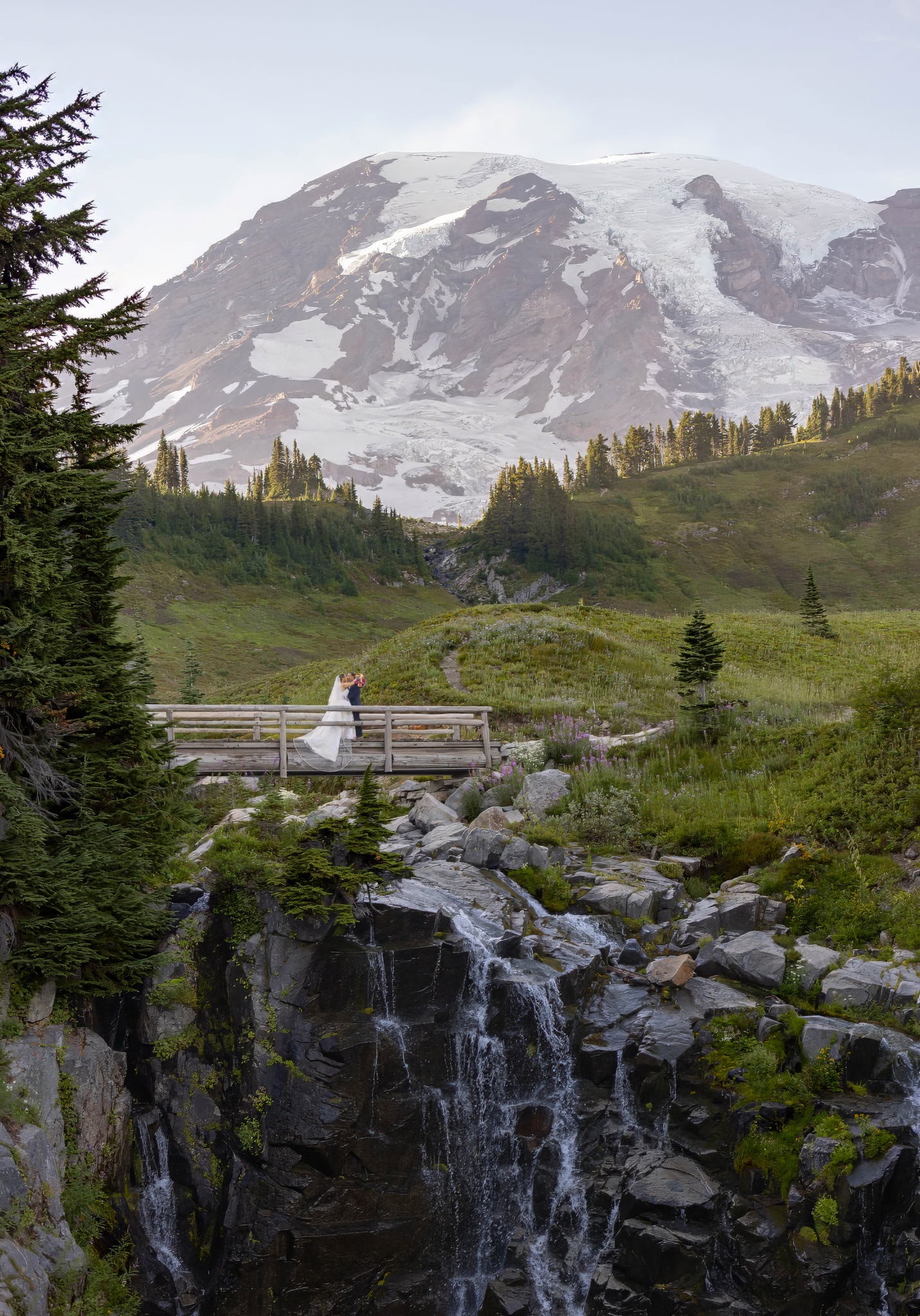 wedding photos at mount rainier skyline trail bridge